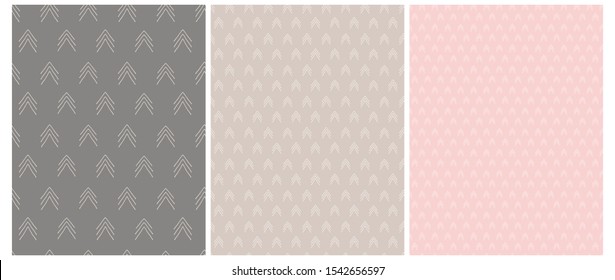 Abstract Geometric Seamless Vector Prints. White Arrows Isolated on a Blush Pink, Beige and Brown Backgrounds. Lovely Canvas Style Repeatable Vector Design Ideal for Fabric, Textile, Wraping Paper.  