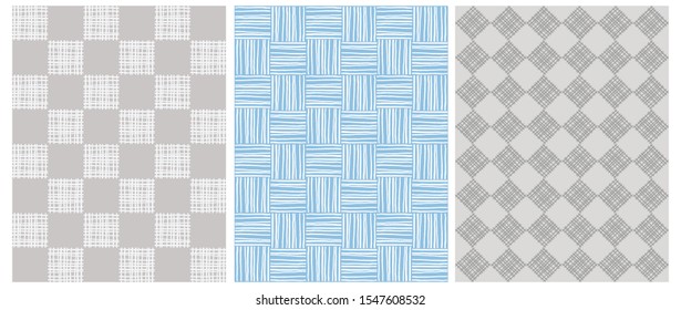 Abstract Geometric Seamless Vector Prints. 3 Various Pink and White Grid Repeatable Prints ideal for Fabric, Textile, Wrapping Paper. Simple Pastel Blue and Gray Checkered Vector Design for Baby Boy. 