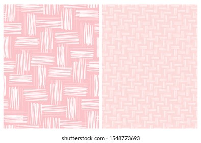 Abstract Geometric Seamless Vector Prints. 2 Various Pink and White Grid Repeatable Prints ideal for Fabric, Textile, Wrapping Paper, Baby Girl Party Decoration. White Print on a Pink Background.