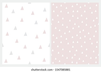 Abstract Geometric Seamless Vector Prints.White Tiny Triangles Isolated on a Light Pink Background. Pink and Gray Triangles on a White Layout. Cute Pastel Color Repeatable Vector Design for Baby Girl.