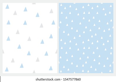 Abstract Geometric Seamless Vector Prints.White Tiny Triangles Isolated on a Light Blue Background. Blue and Gray Triangles on a White Layout. Cute Pastel Color Repeatable Vector Design for Baby Boy.