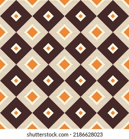 Abstract geometric seamless vector rhombuses pattern. Repeating rhombuses tiles. Striped rhombuses. Geometric color ornament. Brown, orange, beige colors. Color vector background.
