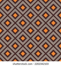 Abstract geometric seamless vector rhombuses pattern. Repeating rhombuses tiles. Striped rhombuses. Geometric color ornament. Brown, orange, beige colors. Color vector background.