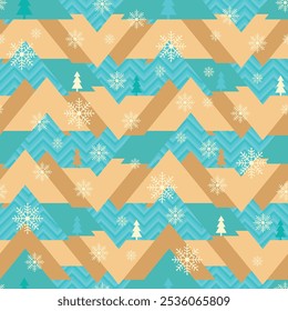 Abstract geometric seasonal landscape with hills, pine trees and snow flakes. Holiday seamless vector pattern for Christmas wrapping paper, greeting cards and gift boxes.