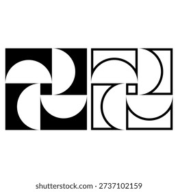 Abstract geometric semicircle pinwheel vector – modern radial propeller with central square motif set in black. A bold geometric vector set featuring four semicircles in a radial pinwheel arrangement, creating a dynamic propeller motif enclosed within a structured square framework. Perfect for logos, icons or digital projects.