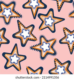 Abstract Geometric Serrated Retro Stars Seamless Vector Pattern Trendy Concept Pastel Pink Background
