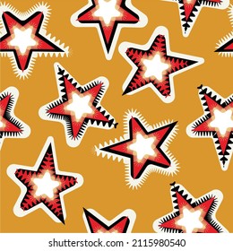 Abstract Geometric Serrated Retro Stars Seamless Vector Pattern Trendy Concept Mustard Yellow Background