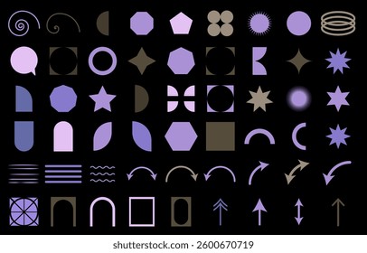Abstract geometric set icon. A collection of various shapes, lines, spirals, arrows, and patterns in purple and beige on a black background. Minimalist, modern, decorative, futuristic design elements