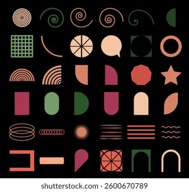 Abstract geometric set icon. Collection of modern shapes, spirals, arrows, and design elements in earthy tones of green, red, and peach on a black background