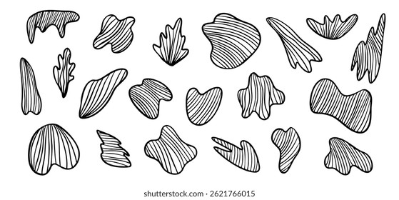Abstract geometric set of isolated vector striped texture black ink pen freehand shapes. Unique hand drawn stroke drawing textured elements for graphic design, decoration, patterns