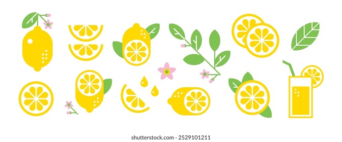 Abstractas conjunto geométrico con limones. Ilustración vectorial botánica de verano. Sabor cítrico. Alimentos orgánicos. Frutas, ramas, flores, hojas, rodajas y vaso de limonada. Conjunto de iconos en estilo plano.