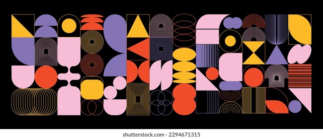 Abstract geometric set of shapes, elements, shapes oval, spiral, square, mesh, arch. Swiss design Bauhaus Memphis. Vector illustration.