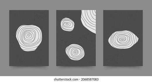 Abstract geometric set of shapes with hand drawn swirls. Boho design for wall decoration, poster, print, cover, wallpaper. Minimal dark wall art in mid century style. Vector illustration.