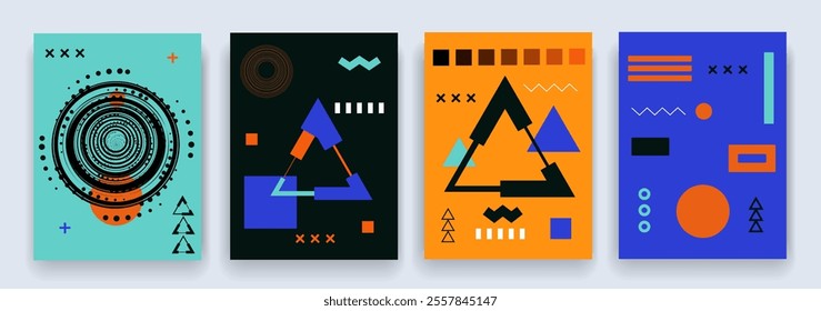 Abstract Geometric Set with square, circle, triangle, rectilinear, lines. Background Modern Bauhaus for Branding, Social Media, Advertising, Banners, Posters, Cards, Covers. Vintage 3D Pattern.