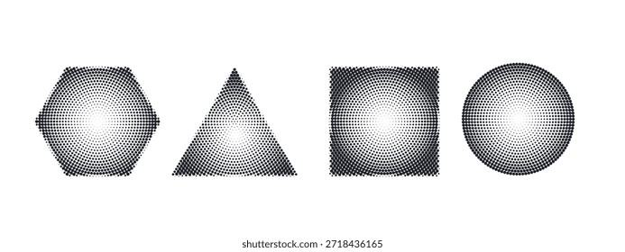 Abstraktes geometrisches Set mit stippiger Textur: Kreis, Dreieck, Quadrat, Sechseck mit radialen Abstufungseffekten und körnigen Halbtonmustern für kreative Hintergründe.
