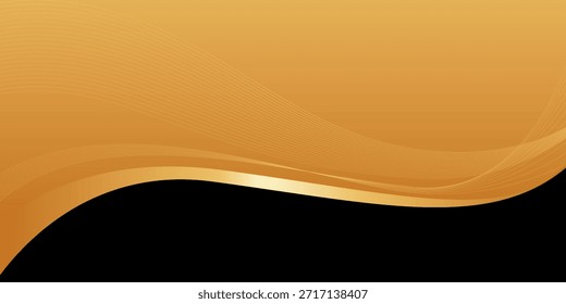Abstractas forma geométrica de fondo negro y oro con degradado suave y patrón de línea ondulada