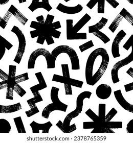 Abstrakte geometrische Form und fette Doodles nahtloses Muster. Brush-gezeichnete kreative Naivstillinien, gewölbte Striche, Sternchen. Trendloses Muster mit abstrakten Collage-Formen.