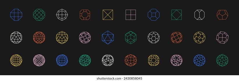 Abstract geometric shape. Brutal contemporary hexagon, triangle, square. Circle figure, other primitive logo. Linear graphic design element set. Bauhaus, memphis, y2k aesthetic. Golden icon collection