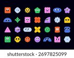 Abstract geometric shape characters. Cute blob faces smiling emojis, funny modern organic geometry messy figures with facial emotion. Vector isolated set.