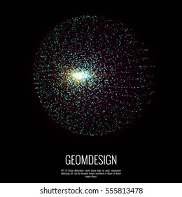 Abstract geometric shape consists of dots. Burst of craft in space designed with particles element.