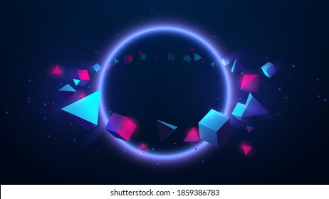 Abstract geometric shape floating around circle light and technology futuristic concept. 3d Vector illustration