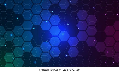 Abstract geometric shape with hexagons pattern and glowing particles. Cyber nano information, network connection and communication technology background. Vector illustration.