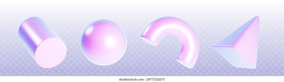 Abstract geometric shape with hologram effect. Realistic 3d render vector illustration set of flying metal or glossy plastic design elements with holographic light. Floating iridescent gradient figure