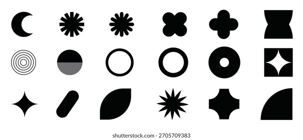 Ícones de forma geométrica abstrata definidos com símbolos mínimos, elementos decorativos modernos, silhuetas em negrito e formas de design criativo.