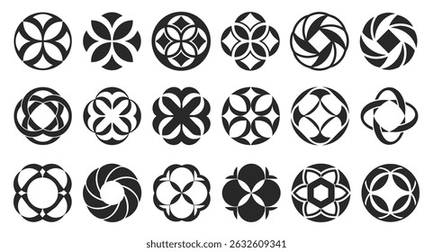 Abstract Geometric shape Logo Set Black Circular Floral Symbols for Branding, Design, Wellness, Spa, Yoga, and Holistic Themes