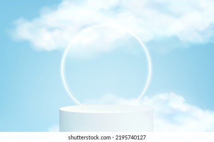 Abstract geometric shape neon light scene with podium product display and the circle ring in the middle, Vector in 3D illustrations shape sky clouds blue pastel background. 