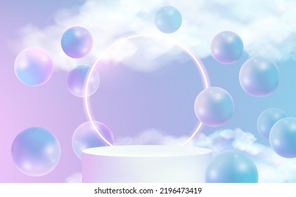 Abstract geometric shape neon light scene with podium product display and the circle ring in the middle, Vector in 3D illustrations shape sky clouds blue pastel background. 
