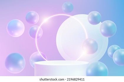 Geometrisches Neonlicht in Form mit Podium-Produktanzeige und dem Ring in der Mitte, Vektorgrafik in 3D-Illustrationen formen Himmelswolken blauen pastellfarbenen Hintergrund. 