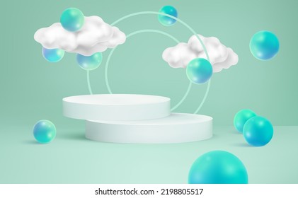 Resumen de la forma geométrica de la escena de la luz del neón con la pantalla del producto del podio y el anillo circular en el medio, Vector en ilustraciones 3D forma las nubes del cielo fondo azul pastel. 
