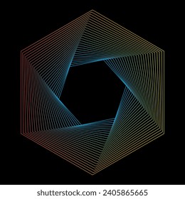 Abstract geometric shape on black background. Geometric pattern with symmetrical, radial, radiating lines. Vector design elements.