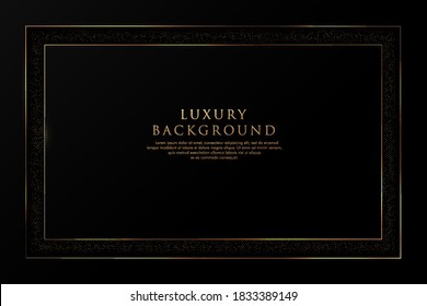 Resumen de formas geométricas que se solapan sobre el fondo negro con brillantes y líneas doradas que brillan con combinaciones doradas. Marco granulado dorado. Lujo y diseño elegante. Ilustración del vector