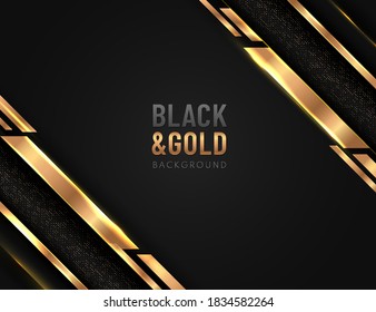 Abstract geometric shape  overlapping on black background with glitter and golden lines glowing dots golden combinations. Luxury and elegant design. Vector illustration