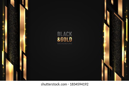 Abstract geometric shape  overlapping on black background with glitter and vertical golden lines glowing dots golden combinations. Luxury and elegant design. Vector illustration