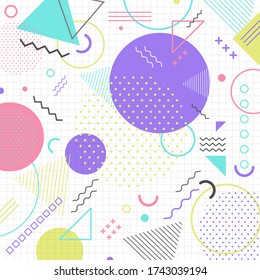 Abstract geometric shape pattern in retro 80s on grid background. Memphis style. Vector illustration