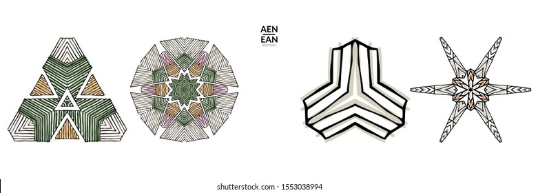 Abstract geometric shape with roughly hand drawn black lines and colored stripes. Striped symmetrical geometrical symbol. Vector isolated on white. Properly grouped for black outline and colored part.