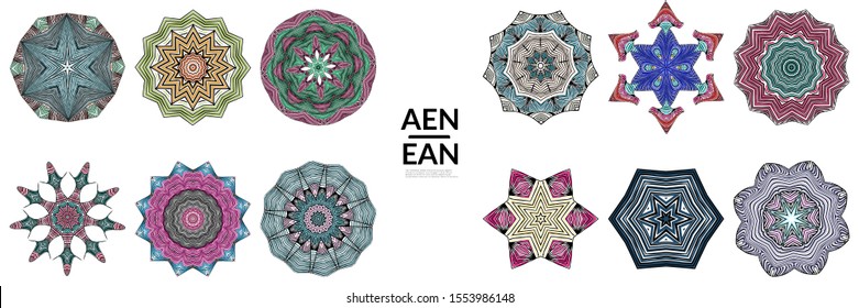 Abstract geometric shape with roughly hand drawn black lines and colored stripes. Striped symmetrical geometrical symbol. Vector isolated on white. Properly grouped for black outline and colored part.