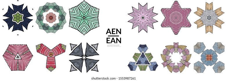 Abstract geometric shape with roughly hand drawn black lines and colored stripes. Striped symmetrical geometrical symbol. Vector isolated on white. Properly grouped for black outline and colored part.