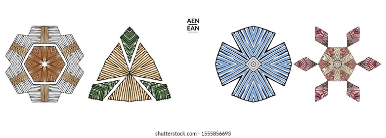 Abstract geometric shape with roughly hand drawn black lines and colored stripes. Striped symmetrical geometrical symbol. Vector isolated on white. Properly grouped for black outline and colored part.