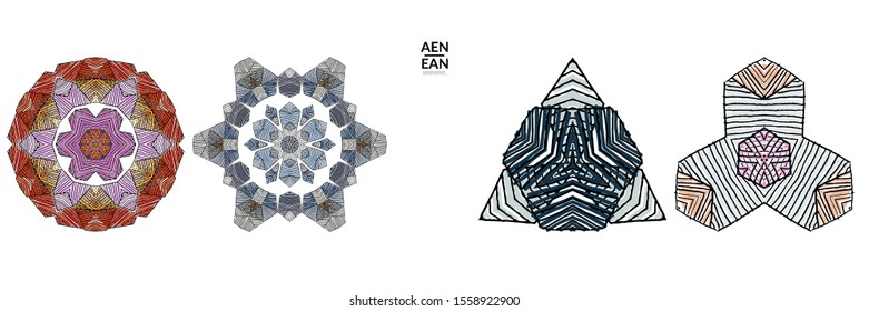 Abstract geometric shape with roughly hand drawn black lines and colored stripes. Striped symmetrical geometrical symbol. Vector isolated on white. Properly grouped for black outline and colored part.