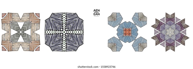 Abstract geometric shape with roughly hand drawn black lines and colored stripes. Striped symmetrical geometrical symbol. Vector isolated on white. Properly grouped for black outline and colored part.
