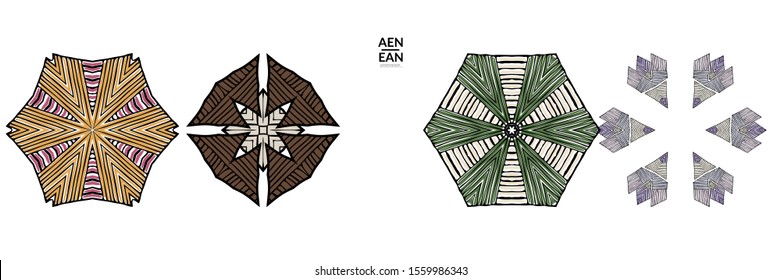 Abstract geometric shape with roughly hand drawn black lines and colored stripes. Striped symmetrical geometrical symbol. Vector isolated on white. Properly grouped for black outline and colored part.