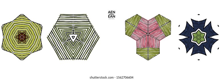 Abstract geometric shape with roughly hand drawn black lines and colored stripes. Striped symmetrical geometrical symbol. Vector isolated on white. Properly grouped for black outline and colored part.