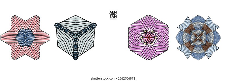 Abstract geometric shape with roughly hand drawn black lines and colored stripes. Striped symmetrical geometrical symbol. Vector isolated on white. Properly grouped for black outline and colored part.