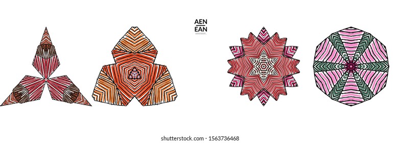 Abstract geometric shape with roughly hand drawn black lines and colored stripes. Striped symmetrical geometrical symbol. Vector isolated on white. Properly grouped for black outline and colored part.