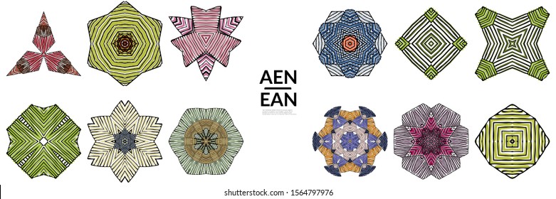 Abstract geometric shape with roughly hand drawn black lines and colored stripes. Striped symmetrical geometrical symbol. Vector isolated on white. Properly grouped for black outline and colored part.