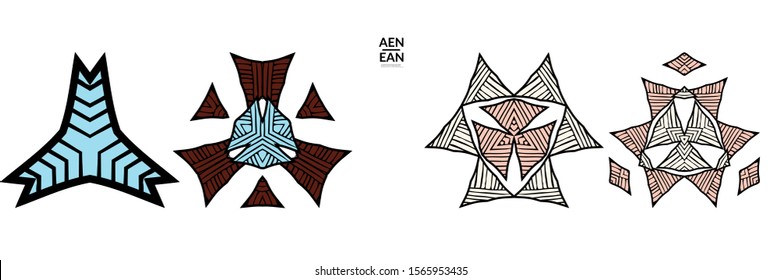 Abstract geometric shape with roughly hand drawn black lines and colored stripes. Striped symmetrical geometrical symbol. Vector isolated on white. Properly grouped for black outline and colored part.